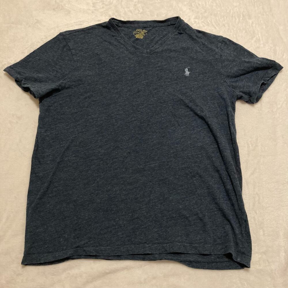 Polo Ralph Lauren T-Shirt Mens Lg Navy Blue Cotton V-Neck Custom Slim Fit Logo